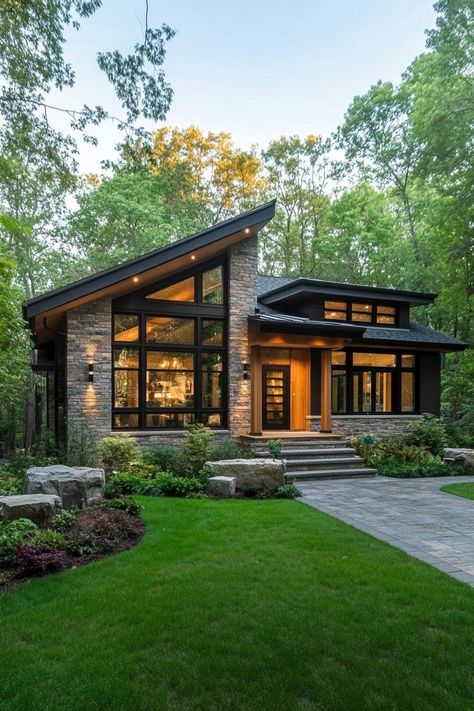 Modern House With Breezeway, One Story Contemporary Homes, Rustic Modern Lake House Interior Design, Charming Exterior Homes, Scandinavian Mountain House, One Story House Exterior, Modern House In The Forest, One Story House Design, Forest House Aesthetic