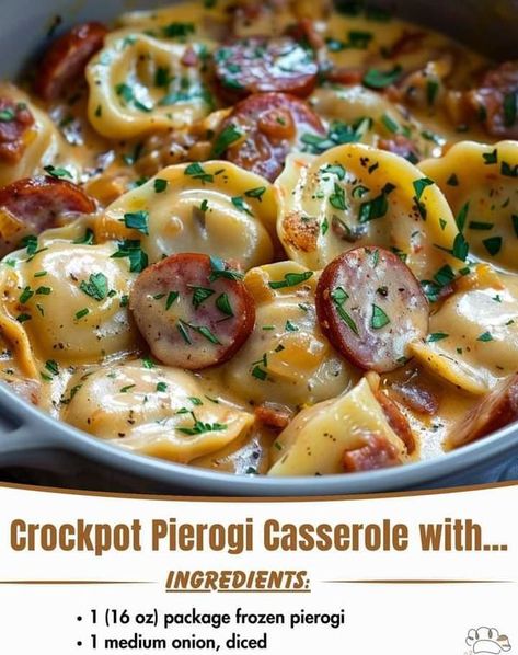 Pierogies In Crockpot, Kielbasa And Perogies Recipes, Crockpot Perogies Casserole, Perogie Casserole Crockpot, Crockpot Pierogi Casserole With Kielbasa, Crockpot Perogies, Recipes With Perogies, Perogies And Kielbasa, Perogies Dinner Ideas