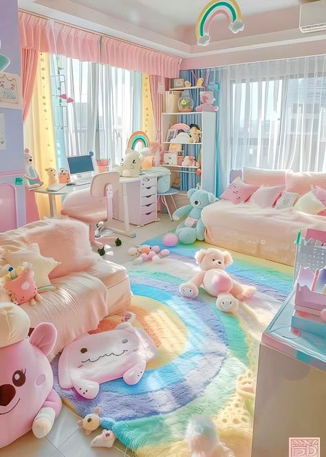 Pastel Apartment Aesthetic Living Room, Cozy Pastel Aesthetic, Pastel Room Inspo Aesthetic, Pastel Bedroom Aesthetic, Pastel Rainbow Bedroom, Kawaii Living Room, Kawaii Aesthetic Room, Pastel Rainbow Room, Kawaii Room Aesthetic