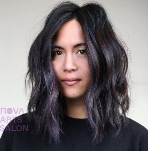 Black Hair with Lilac Highlights Dark Hair With Lavender Highlights, Black Hair With Violet Highlights, Purple Lowlights In Black Hair, Lavender Highlights Dark Hair, Lilac Highlights Brown Hair, Purple Highlights Black Hair, Subtle Purple Highlights, Highlights For Kids, Black Hair With Purple Highlights