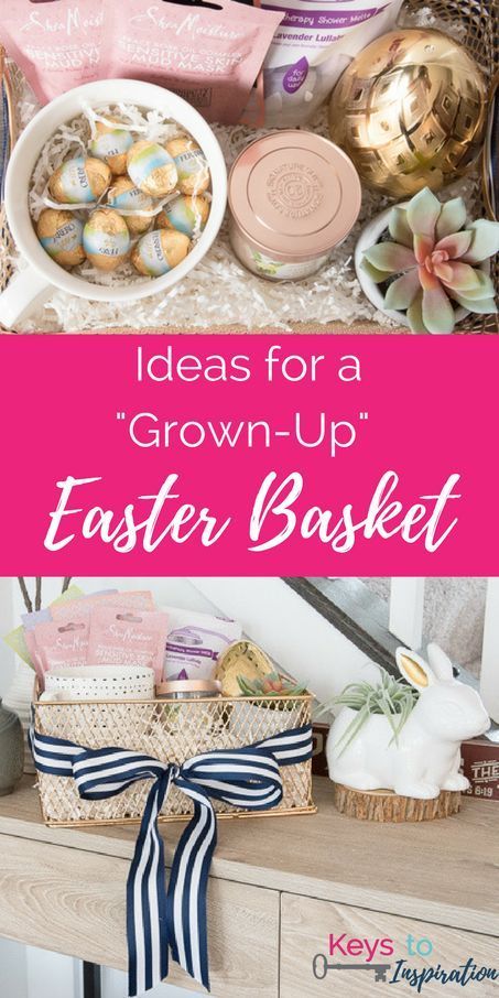 Great ideas for a grown up Easter basket. Easter ideas for adults. This basket is filled with all sorts of indulgences like spa items and chocolate! Inexpensive Easter Basket Ideas, Grown Up Easter Basket, Easter Ideas For Adults, Easter Basket Ideas For Adults, Rabbit Houses, Simple Easter Baskets, Adult Easter Baskets, Raffle Ideas, Easter Baskets To Make