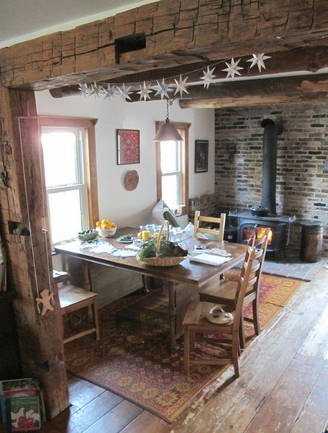 HOME DECOR – RUSTIC STYLE – Love the exposed beams and fireplace. Dining Room Wood Stove, Wood Stove Dining Room, Dining Room With Wood Stove, Wood Stove In Dining Room, Wood Stove Room, Reclaimed Beams, Fireplace Stove, Rustic Kitchens, Screen Porch