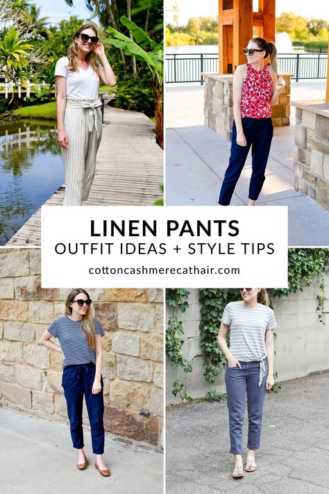 Linen pants are the best pants to wear in the warmer spring and summer months! I rounded up 15 casual and dressy linen pants outfit ideas for women plus shared a few styling tips. Get inspired to try a new outfit combination! Cardigan Outfit Plus Size, Linen Pants Outfit Ideas, How To Style Linen Pants, Linen Pants Outfits, Cream Linen Pants, Cropped Pants Outfit, Fitted Linen Pants, Outfits For Dinner, Pants Outfit Ideas