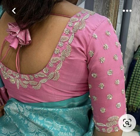 Pink And Blue Pattu Saree, Pink Blouse Silver Aari Work, Pink Soft Silk Saree Blouse Designs, Silver Work On Blouse, Pink With Silver Blouse Designs, Blue And Pink Blouse Designs, Simple Silver Maggam Work Blouses, Pink Blouse With Silver Work, Silver Aari Work Blouse Designs