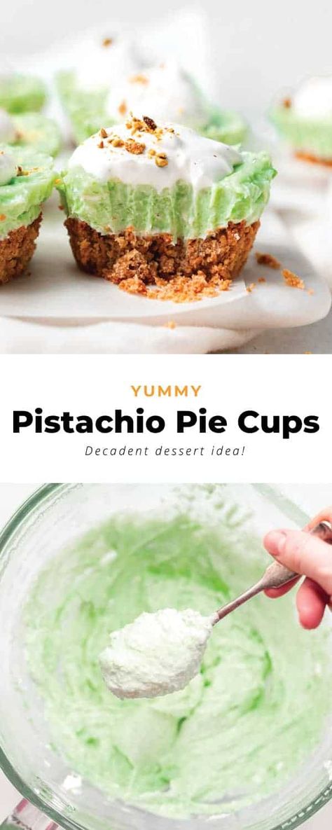 These pistachio pie cups are an individual size pistachio pie you'll absolutely LOVE! Made with a pistachio cheesecake filling and an easy graham cracker crust. Don't forget the dollop of whip on top! Pistachio Pudding Dessert, Individual Cheesecake, Easy Graham Cracker Crust, Pistachio Desserts, Pistachio Mousse, Pistachio Pie, Pie Cups, Hawaiian Desserts, Pistachio Dessert