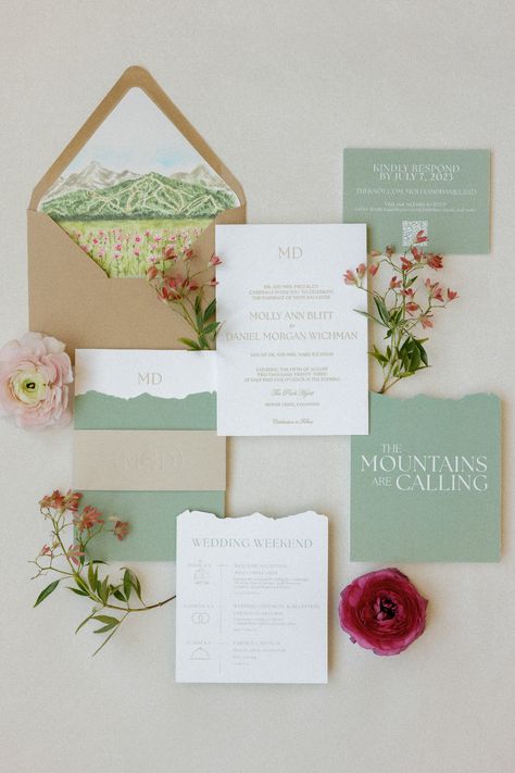 Watercolor Mountain Wedding Invitations, Aspen Wedding Invitations, Mountain Wildflower Wedding Invitations, Mountain Wedding Invitation Suite, Wedding Invitation Theme Design, Wyoming Wedding Invitations, Mountain Wedding Mood Board, Coastal Mountain Wedding, Colorado Wedding Invitations