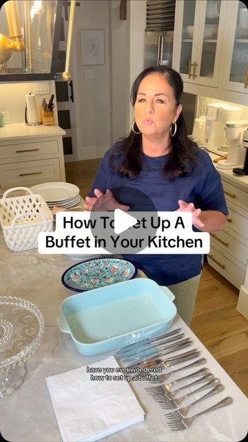 Carla Shellis on Instagram: "How to set up a buffet in your kitchen! Do you prefer a plated dinner or a buffet? #familydinner #dinner #dinnerparty #buffet #kitchen #home" Setting Up A Buffet Table At Home, Buffet Plates Display, Setting Up Buffet On Kitchen Island, Potluck Set Up Ideas, Buffet Dinner Table Setting, Thanksgiving Food Buffet Setup, Kitchen Island Thanksgiving Buffet, Setting Up Buffet Table Display, Thanksgiving Buffet Setup Small Space