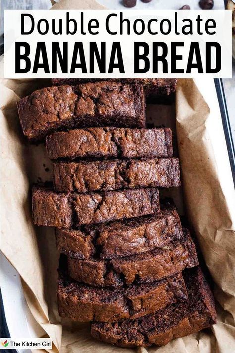 Thick-sliced chocolate banana bread in parchment-lined baking pan. Title Double Chocolate Banana Bread. Bannan Bread, Easy Chocolate Banana Bread, Quick Bread Loaf, Leftover Bananas, Chocolate Bread Recipe, Cranberry Walnut Bread, Super Moist Banana Bread, Chocolate Banana Bread Recipe, Banana Walnut Bread