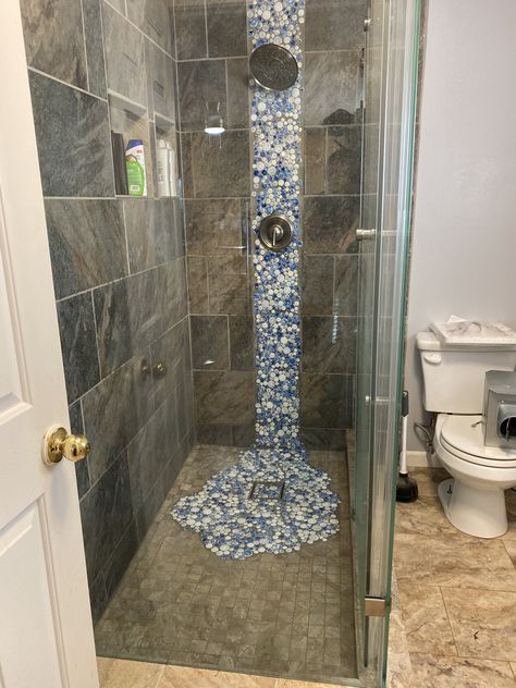 Blue Pebble Shower Floor, Waterfall Tile Shower Design, Waterfall Shower Tile, Mosaic Waterfall, Waterfall Mosaic, Shower Wall Ideas, Master Bath Shower Ideas, Room Asthetics, Shower Redo