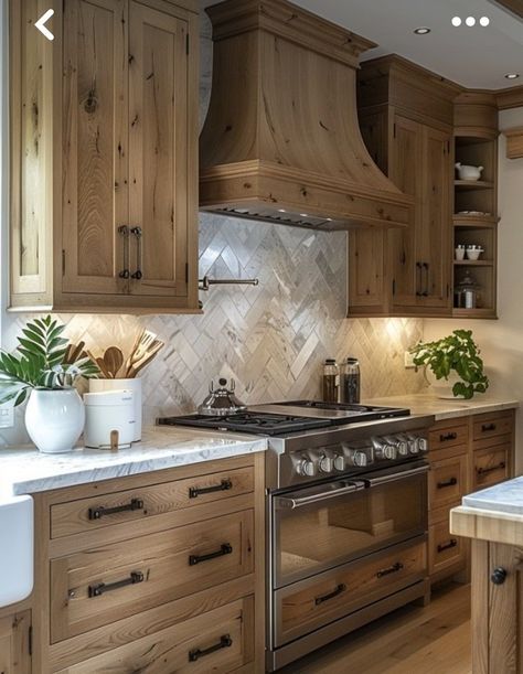 Kitchen Remodel Ideas 2024, Rustic Kitchen Decorating Ideas, Alder Kitchen Cabinets, Brown Kitchen Cabinets, Hood Vent, Lake House Kitchen, Kitchen Decorating Ideas, Kitchen Backsplashes, Rustic Modern Kitchen