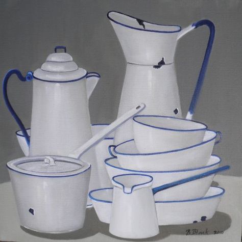 Blue-rimmed vintage enamelware...oh how we love thee!! Blue Enamelware, Enamel Ware, Blue Dishes, Vintage Enamelware, Vintage Kitchenware, Old Kitchen, Cups And Saucers, Kitchen Set, Farmhouse Chic