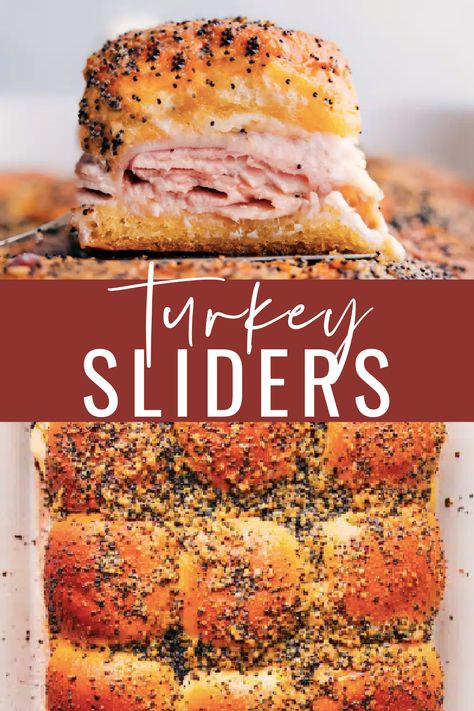 The ultimate Turkey Sliders: Soft rolls loaded with oven-roasted deli turkey and melty cheese, topped with a delicious buttery-herb spread. #dinner #best #quick #easy #simple #appetizer #turkey #sliders Turkey Sandwich Sliders, Sliders Recipes Turkey, Hot Turkey Sandwiches, Deli Turkey Recipes, Sliders Recipes Hawaiian Rolls, Soft Rolls, Turkey Sandwiches Recipes, Easy Slider Recipes, Turkey Sliders