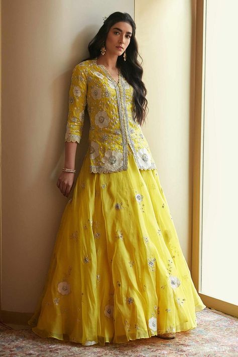 Buy Yellow Organza Silk V Neck Hand Embroidered Kurta Lehenga Set For Women by Osaa by Adarsh Online at Aza Fashions. Reka Bentuk Blaus, Long Blouse Designs, Haldi Function, Kurta Lehenga, Function Dresses, Lehenga Designs Simple, Gaun Fashion, Long Dress Design, Indian Gowns Dresses