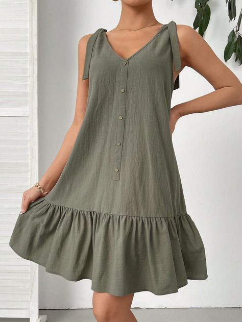 Women's Summer Casual Vacation Gray Green V-Neck A-Line Sleeveless Dress Army Green Casual,Cute  Sleeveless Woven Fabric Plain Smock Non-Stretch  Women Clothing, size features are:Bust: ,Length: ,Sleeve Length: Summer Fashion Dresses Casual, Basic Blouses, Plus Size Dress Outfits, Sewing Clothes Women, Trendy Dress Outfits, Summer Fashion Dresses, Dress For Short Women, Gray Green, Trendy Dresses