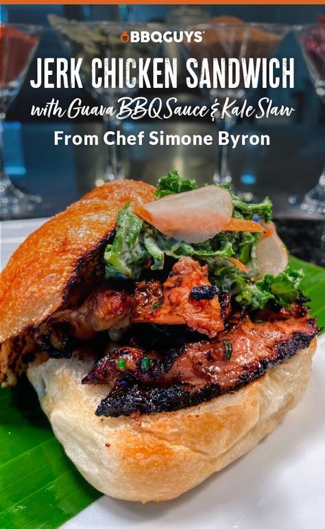 Follow this recipe for Grilled Jerk Chicken Sandwich with Guava Barbecue Sauce and Kale Slaw. #BBQ #Grilling #Chicken #JerkChicken #GrillingRecipes #Recipe #Grill #ChickenSandwich #Kale #Slaw Jerk Chicken Sandwich Recipe, Sauce For Jerk Chicken, Jerk Chicken Sandwich, Guava Bbq Sauce, Jerk Chicken Marinade, Grilled Jerk Chicken, Chicken Subs, Grilling Chicken, Kale Slaw