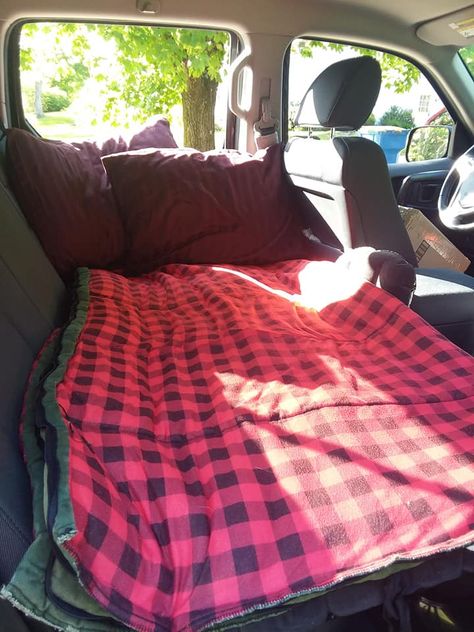 Backseat bed in my Ridgeline! Air Mattress and flannel sleeping bag make for a comfortable, dry sleeping spot!! Car Backseat Bed, Bed In Car Aesthetic, Road Trip Backseat Setup, Car Backseat Aesthetic Cozy, Living In Car Aesthetic, Car Bed Aesthetic, Car Backseat Aesthetic, Bed In Car, Backseat Bed