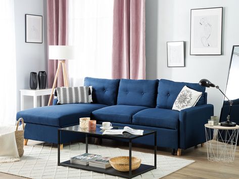 Sofá cama esquinero con almacenaje azul oscuro derecho FLAKK Navy Corner Sofa, Living Room Decor Blue Sofa, L Shaped Living Room Layout, Studio Bedroom Ideas, Sofa Azul, Living Room Decor Blue, L Shaped Living Room, Navy Lounge, Corner Sofa Bed With Storage