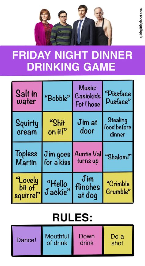 Friday Night Dinner Drinking Game - play along while watching on Channel 4 or Netflix Friday Night Ideas, Drinking Games Tv Shows, Friday Night Dinner Poster, Movies Drinking Games, Movie Drinking Games Netflix Hilarious, Friday Night Dinner, Friday Night Dinner Show, Film Drinking Games, Friday Night Pizza