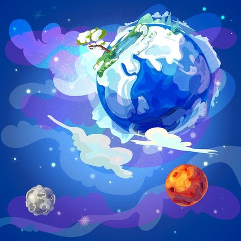 Free vector cartoon earth planet in spac... | Free Vector #Freepik #freevector #cartoon-earth #planet-earth #eco-world #earth Space Illustration Art, Cartoon Earth, Space Template, Swirling Clouds, Earth Space, Earth Planet, Space Background, Space Illustration, Snowy Landscape