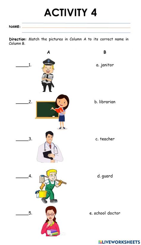 School Helpers Worksheets, Worksheet For Kindergarten, English Exam, About School, Activities Worksheet, Online Activities, School Subjects, Online Workouts, Kindergarten Worksheets