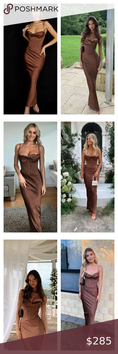 HOUSE OF CB Charmaine Chocolate Brown Corset Bodycon Maxi Dress Small NWT Sexy Trendy Capsule Wardrobe, Old Money Party, House Of Cb Charmaine, Brown Corset, Bodycon Maxi Dress, Bodycon Maxi Dresses, Satin Maxi, House Of Cb, Fall Skirts