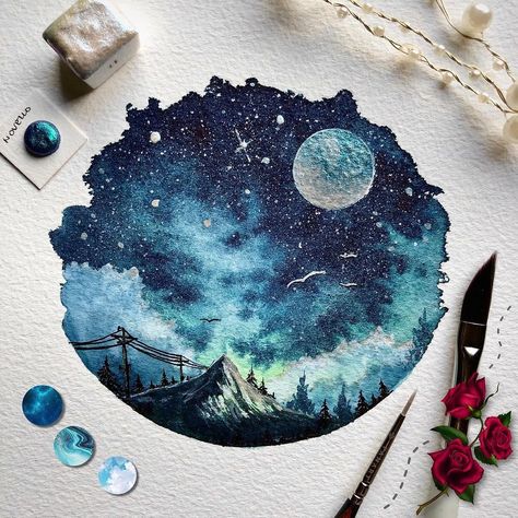 Watercolor Space Art, Watercolor Art Space, Galaxy Watercolor Painting, Mountains Art Painting, Sky Watercolor Painting, Galaxy Art Painting, Watercolour Galaxy, Galaxy Drawing, Celestial Watercolor