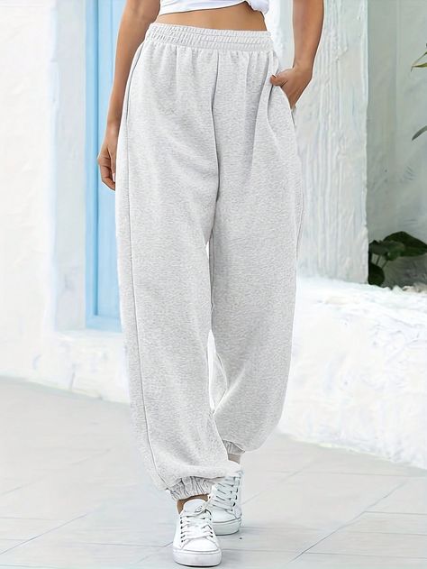 Women's Solid Color Elastic Waist Pockets Loose Casual Baggy Sweatpants Light Grey    Knitted Fabric Plain Jogger Medium Stretch Spring/Summer/Fall Women Clothing, size features are:Bust: ,Length: ,Sleeve Length: High Waisted Sweatpants, Cute Sweatpants, Baggy Sweatpants, Pocket Sweatpants, Chic Pants, Sports Trousers, Estilo Chic, Winter Stil, Grey Sweatpants