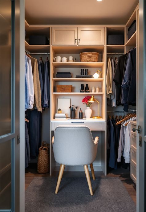 Walk in Closet Ideas Walk In Closet Room Ideas Small Spaces, Walk In Wardrobe Small Space, Small Walk In Closet With Makeup Vanity, Small Closet With Vanity, Small Walk In Closet With Vanity, Square Walk In Closet, Walk In Closet Room Ideas, Walk In Closet Ideas With Vanity, Vanity Inside Closet