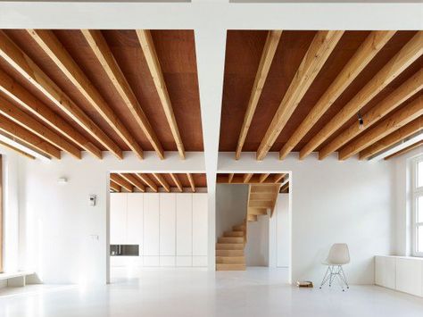 Architects: GRAUX & BAEYENS architects Location: Ename, 9700 Oudenaarde, Belgium Area: 466.0 sqm Year: 2015 Photographs: Denis De Smet Photography House Extensions, Stairs Design, Cafe Interior, Contemporary Architecture, Architecture Model, House Inspo, Interior Architecture, Belgium, Beams