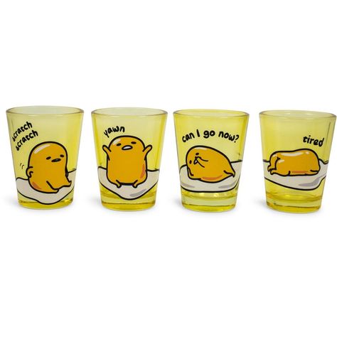 Enjoy your favorite beverage in style with this set of officially licensed mini glasses. Produced by Silver Buffalo, a trendsetting housewares and home decor company based in the heart of New York City. Gudetama Room Decor, Gudetama Stuff, Gudetama Shirt, Gudetama Merchandise, Gudetama Loungefly, Lazy Egg, Glass Cup Set, Drinkware Sets, Shot Glass Set