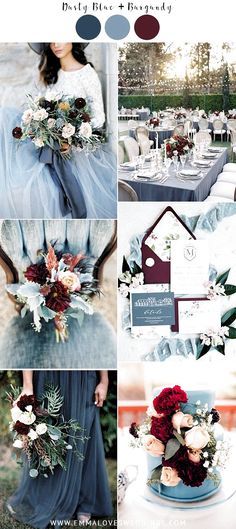 Burgundy Fall Wedding, Fall Wedding Color Ideas, Wedding Palettes, Wedding Color Ideas, Rustic Wedding Decorations, Blue And Burgundy, Wedding Color Trends, Dusty Blue Wedding, Wedding Colours