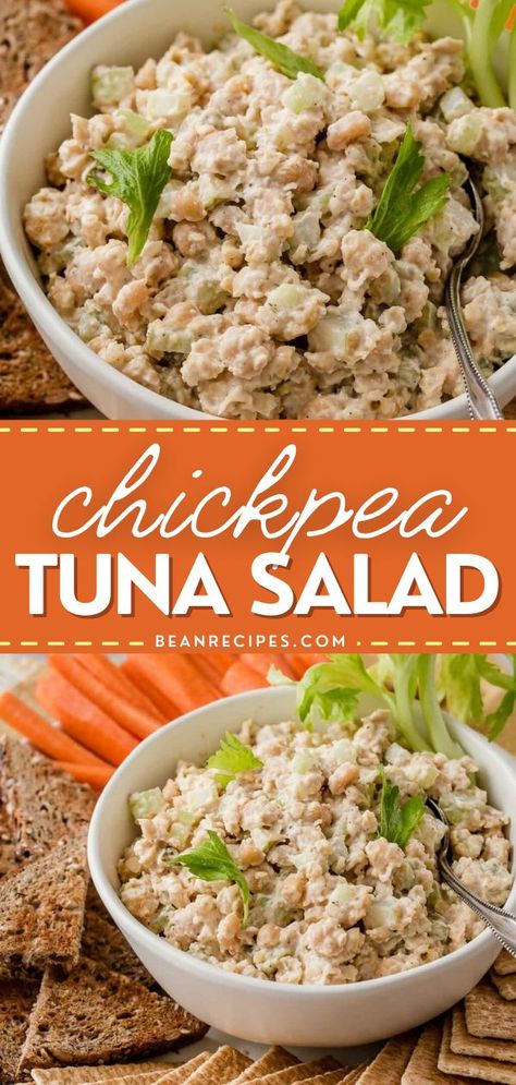 A simple healthy vegan lunch idea, side dish recipe, filling for sandwiches, or for dipping with crackers and vegetables! This is the best chickpea tuna salad recipe with absolutely no tuna! It is entirely made from chickpeas in the style of tuna salad. Save this simple bean recipe! Tuna With Chickpeas, Chickpea Tuna Salad Recipes, Chick Pea "tuna" Salad, Chick Pea Salad Sandwich Recipes, Tuna And Garbanzo Bean Salad, Garbanzo Tuna Salad, Tuna Chickpea Sandwich, Tuna Salad With Chickpeas, Quinoa Tuna Salad Recipes