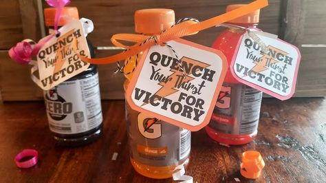 Quench Your Thirst for Victory Gatorade Team Treat Tags - Etsy Pump Up Gifts Sports, Volleyball Gatorade Gifts, Treat Bags For Football Players, First Cheer Game Gift, Game Day Treats For Players Goodie Bags, Sports Goodie Bag Ideas, Football Team Snacks Treat Bags, Football Playoff Goodie Bags, Football Game Snacks For Players