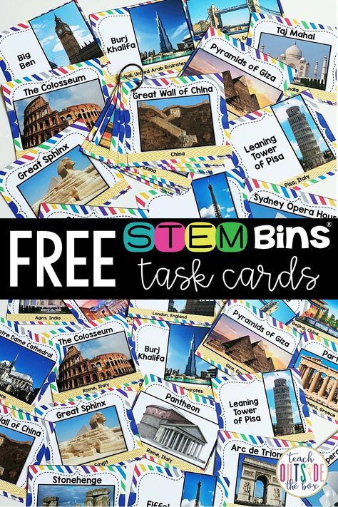 Try a FREE sample of International Landmark Task Cards for STEM Bins! Elementary STEM Challenges | STEM Activities for Kids Elementary Stem Challenges, Stem Task Cards, Stem Challenges Elementary, Makerspace Elementary, Stem Bins, Stem Boxes, Task Cards Free, Elementary Stem, Space Activities For Kids