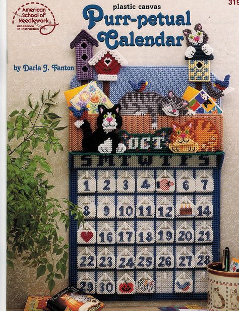 Plastic Canvas Purr petual Calendar Cats Darla J. Fenton Cross Stitch Calendar, Plastic Canvas Books, Cat Calendar, Plastic Canvas Pattern, Crafts Sewing Patterns, American School, Magazine Crafts, Needlepoint Designs, Needlepoint Patterns