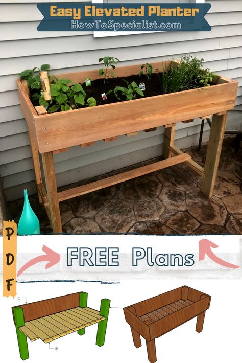 This step by step tutorial will show you how to build a simple elevated planter. The detailed free plans come with 3D diagrams and lots of instructions. Full Cut and Shopping lists. PDF download and Print friendly. #elevatedplanter #simpleraisedplanter #waisthighplanter Cheap Vegetable Planter Ideas, Plant Bed Stand, Standing Planter Box Diy, Standing Garden Boxes Diy, Diy Elevated Planter Boxes, Diy Standing Planter, How To Build Flower Boxes, Elevated Planter Boxes Diy, Diy Planter Boxes Outdoor Cheap