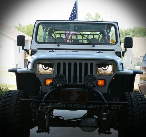 Angry Eyes for your Jeep.  I totally want to do this to the jeep, but just the eyelid, not the eye detail. It'd look so badass. Wonder if I can plasti dip it on there?? Angry Eyes, Cj Jeep, Badass Jeep, Jeep Mods, Jeep Yj, Lifted Jeep, Jeep Wrangler Yj, Offroad Jeep, Cool Jeeps