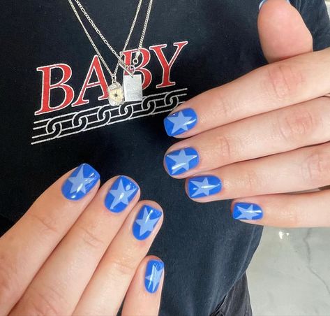 Blue Star Nail Designs, Blue Gel Nails Designs, Blue Biab Nails, Boy Nail Designs, Masc Nails Designs, Nails Beachy, Gay Nails, Blue Star Nails, Star Nail Designs