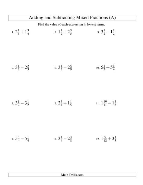 The Adding and Subtracting Mixed Fractions (A) math worksheet from the Fractions Worksheet page at Math-Drills.com. Subtracting Mixed Fractions, Adding Mixed Fractions, Mixed Numbers Worksheet, Mixed Fractions Worksheets, Pemdas Worksheets, Dividing Fractions Worksheets, Multiplying Fractions Worksheets, Math Fractions Worksheets, Mixed Fractions