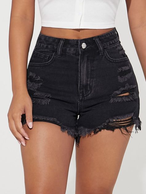 Black  Collar  Denim Plain Straight Leg Embellished Non-Stretch  Women Denim Black Short Jeans, Black Denim Shorts Outfit, Black Jean Shorts Outfit, Black Ripped Jean Shorts, Black Jeans Shorts, Denim Shorts Black, Denim Mom Shorts, Denim Shorts Outfit, Casual Denim Shorts