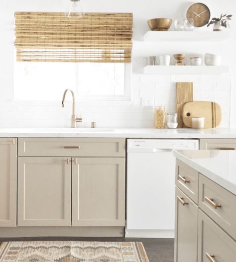 2021 Kitchen Trends, Taupe Kitchen Cabinets, Flat Front Cabinets, Beige Kitchen Cabinets, Taupe Kitchen, Kitchen Cabinet Trends, Beige Cabinets, Beautiful Kitchen Cabinets, Accessible Beige