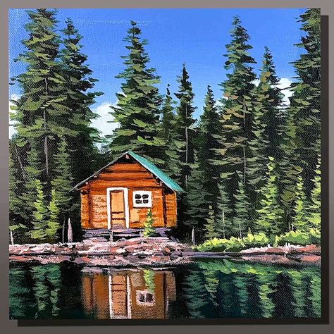 Cabin Lake Landscape Acrylic Painting | Cabin Lake Landscape Acrylic Painting Color used : Titanium white, Black, Primary Blue, Primary Red, Cadmium Yellow Medium, Deep Green #art #artist... | By El Drawing Arts | Facebook Cabin By The Lake Painting, Cabin Painting Acrylic, Lake House Drawing, Log Cabin Painting, Lake House Painting, Cabin Drawing, Lake Drawing, Cabin Painting, Cottage Drawing