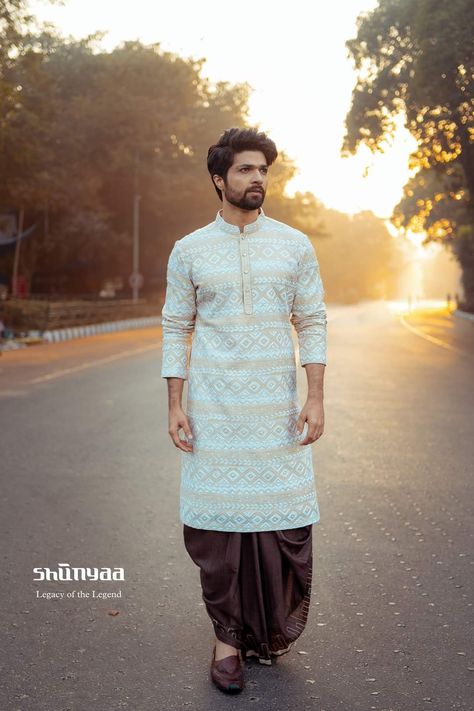 ASTITVA by Shunyaa, Legacy of the Legend. On Model : Tussar kurta with all over patterned kantha work. Teamed up with earthen brown colour dhoti with sleek embroidery. Visit our store to experience the craftmanship of India. Join us at Shunyaa @ 7044393333 (WhatsApp/Call) Address: 38, CB Block, Sector 1, Salt Lake, Kolkata - 700064 https://maps.app.goo.gl/bC2n8q1LXh9GWQdr7 . . . #Astitva #ShunyaaSharbariDatta #SharbariDatta #Shunyaa #LegacyOfTheLegend #shunyaaonline #menswear #mensfashion Bengali Mens Traditional Wear, Bengali Groom, Tussar Silk Kurta, Indian Wedding Suits Men, Mens Traditional Wear, Mens Photoshoot, Wedding Dresses Men Indian, Gents Kurta Design, Gents Kurta