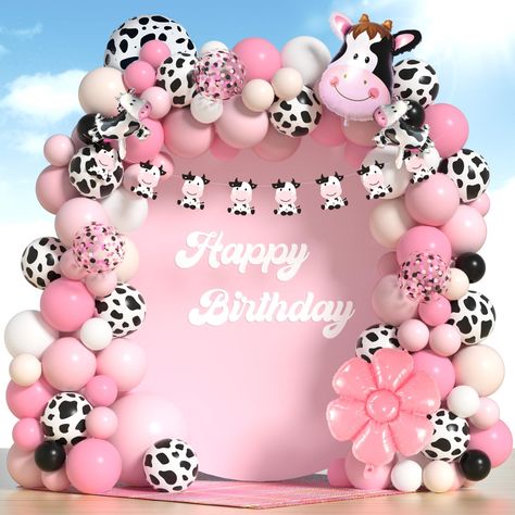 PRICES MAY VARY. 【PREMIUM QUALITY】: Cow print balloons(pink and white balloon arch) - Our cow balloons are made of natural latex, which is non-toxic, durable, long-lasting, and can be filled with air or helium. They are easy to assemble and can be used both indoors and outdoors. 【DIFFERENT SIZES & COLORS】: Our cow balloon arch kit has balloons of different colors and sizes. You can DIY any balloon arch you like. Giving your kids a fun and memorable cow birthday party with this cute cow party dec Easy First Birthday Decorations, Cow Party Decorations Diy, Pink Cow Theme, Cow Balloon Garland, Cow Birthday Decorations, Birthday Decorations White, Cow Print Balloons, Cow Balloons, Cow Birthday Party