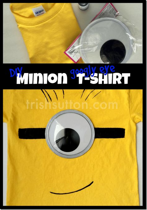 DIY ‘Googly Eye’ Minion T-shirt; Minions are EVERYWHERE. People seem to be crazy about the little creatures. Follow along to create your own DIY ‘Googly Eye’ Minion T-shirt. TrishSutton.com Diy Minion Googles, Minion Tshirts, Minion Dress Up, Minion Diy, Diy Minion Costume, Minion T Shirt, Homemade Minion Costumes, Minion Outfit, Minion Costume