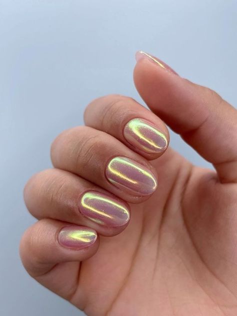 15 Chic Short Chrome Nail Design Ideas - thepinkgoose.com Short Oval Nails Crome, Iridescent Opal Chrome Nails, Metalic Gel Nails Ideas, Short Almond Iridescent Nails, Sheer Gold Chrome Nails, Crom Nails Ideas, Irredentist Nails, Neutral Iridescent Nails, Short Gel Nail Designs Chrome