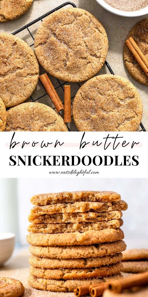 2 stacked images of snickerdoodles: top image of cookies on wire rack and bottom image of cookies stacked on parchment paper Brown Butter Chewy Pumpkin Snickerdoodle, Chewiest Cookies, Browning Butter, Snickerdoodle Recipes, Chewy Snickerdoodles, Snickerdoodle Recipe, Snickerdoodle Cookies, Chewy Cookie, Snickerdoodles