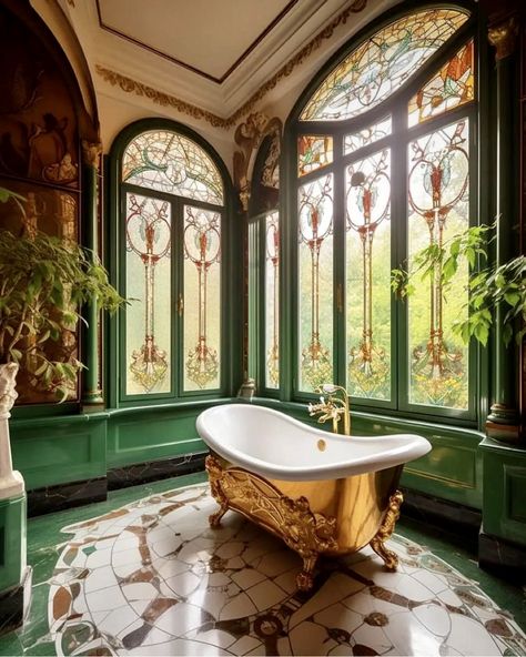 Art Nouveau House Exterior, Art Nouveau Cottage, Boujee House, Glasgow Flat, Treehouse Village, Art Nouveau Bathroom, Client Board, Art Nouveau Interior, Victorian Interior