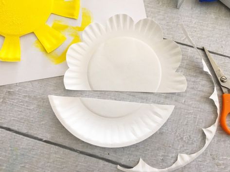 Sunshine and Cloud Paper Plate Craft - Frugal Mom Eh! Sponge Paint Brush, Paper Plate Craft, Weather Crafts, Yellow Crafts, Cloud Decoration, Frugal Mom, Sponge Painting, Paper Plate Crafts, Plate Crafts