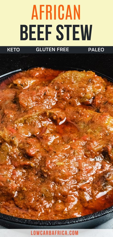 This Nigerian beef stew is a popular African stew made with tomatoes, bell peppers, and habanero peppers. It is usually eaten with rice but can be eaten with cauliflower rice for a low carb version. Nigerian food | African food | Nigerian beef stew recipe | African recipes Nigerian food | authentic African recipes | Lowcarbafrica.com African Food Nigerian, African Beef Stew, Food Nigerian, African Stew, Nigeria Food, African Recipes Nigerian Food, West African Food, Nigerian Recipes, Africa Food